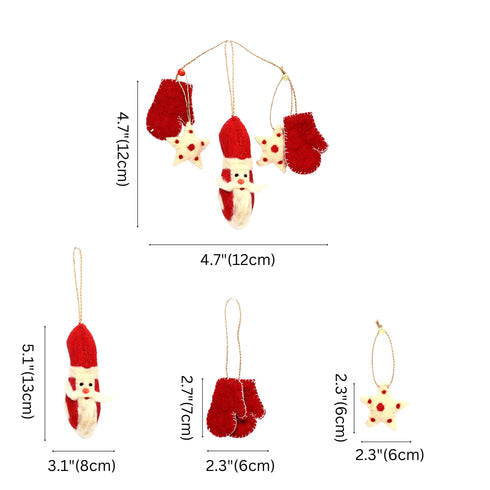 Handmade Needled Felt Work Miniature Christmas Décor Hanging Set—Red and White