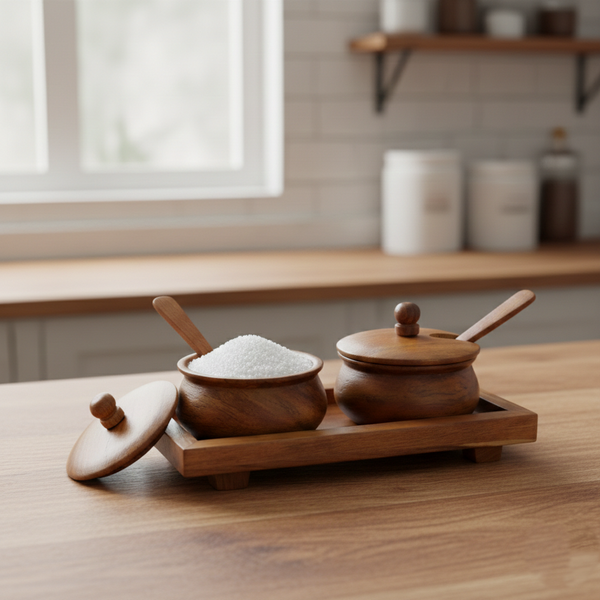 Handmade Wooden Handi (Set of 2) With Spoon and Tray