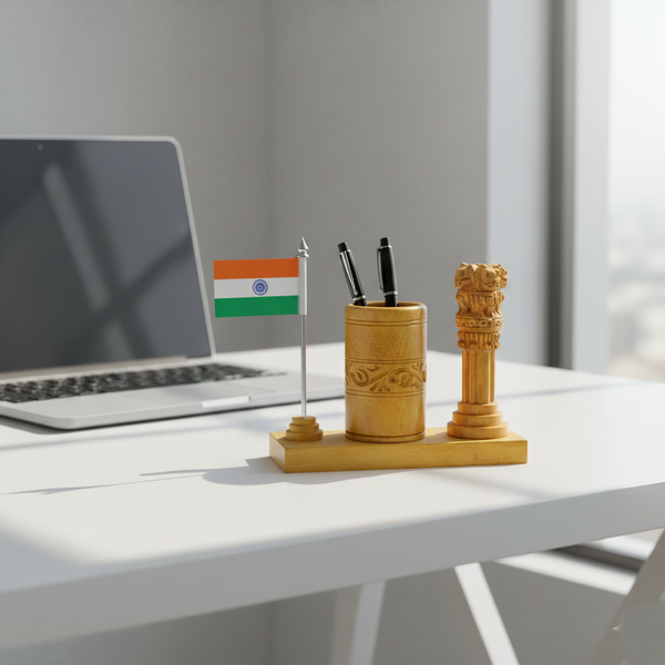 Wooden national emblem desk stand with Ashoka Pillar carving, flag and pen holder combo