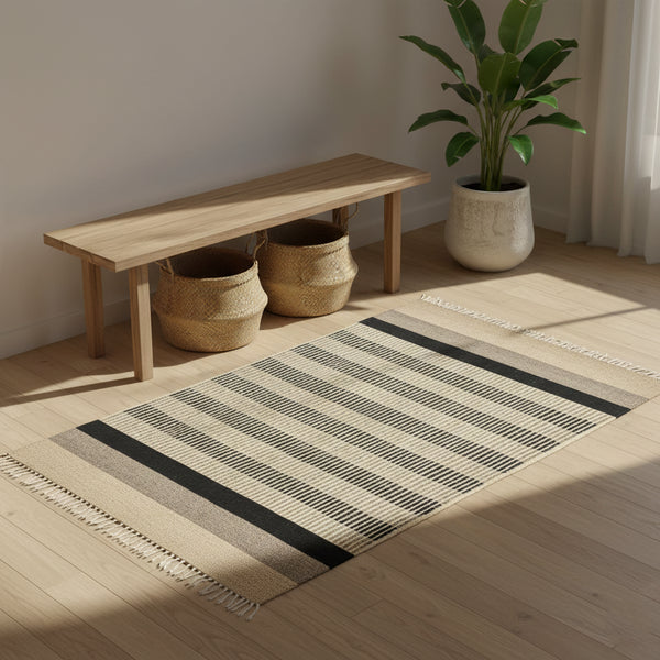Handwoven Black and Beige Stripe Pattern Rug
