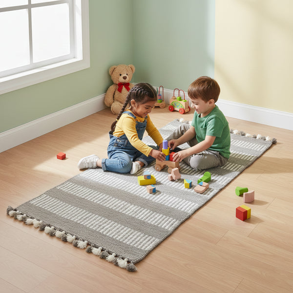 Handwoven Grey Stripes Floor Rug – Jawaja Wool Dhurrie