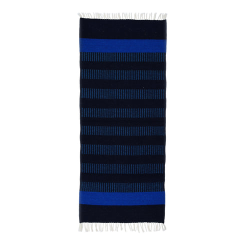 Handwoven Jawaja Durrie | Bedside Runner— Black and Blue Colour— Stripe Pattern