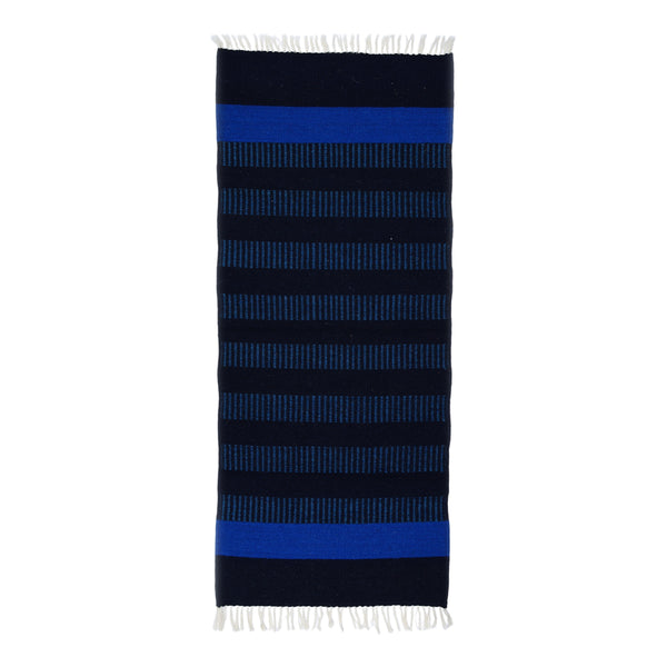 Handwoven Jawaja Durrie | Bedside Runner— Black and Blue Colour— Stripe Pattern