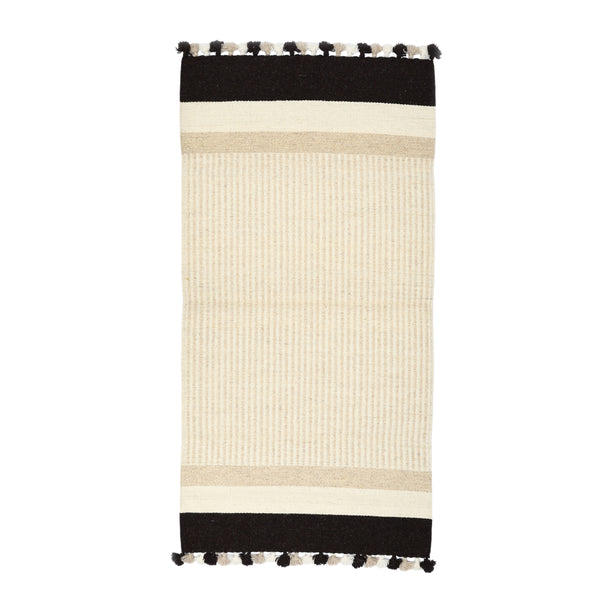 Handwoven Jawaja Durrie | Bedside Runner— Ivory and Black Colour— Stripe Pattern