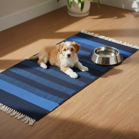Handwoven Jawaja Wool Black and Blue Stripped Dhurrie - Pet Comfort Mat