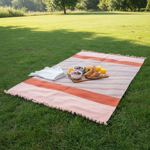 Handwoven Jawaja Wool Dhurrie – Peach and Terracotta Diagonal Stripe Design