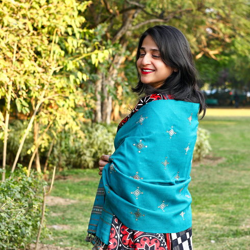 Handwoven Kutchi Bhujodi Cyan Blue Stole
