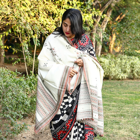 Handwoven Kutchi Bhujodi White Shawl with Earthy Red and Green Geometric Patterns