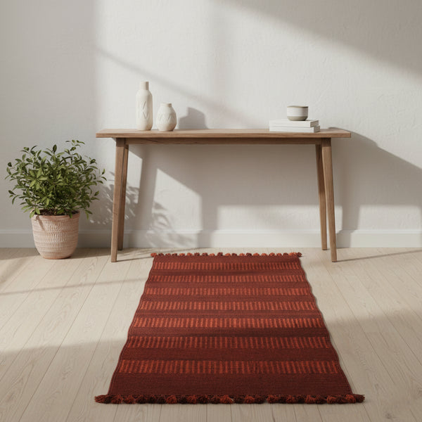 Handwoven Terracotta Stripe Pattern Rug - Jawaja Wool Dhurrie