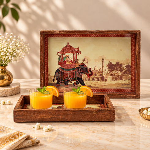 Traditional Elephant Wooden Serving Tray Set of 2