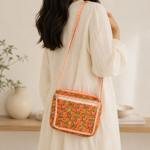 Heritage Bloom Tangerine Quilted Crossbody Sling Bag