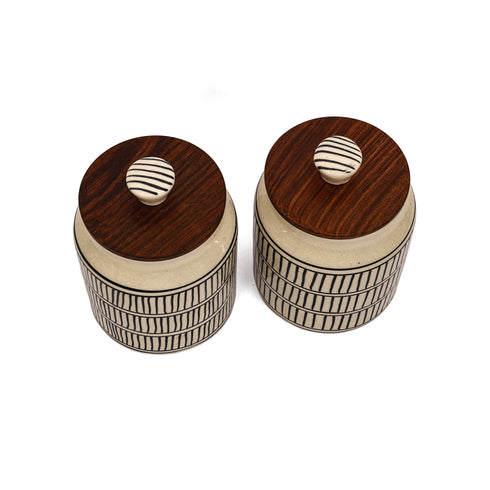 Ceramic Jar set with black horizontal and vertical lines pattern (Set of 2)