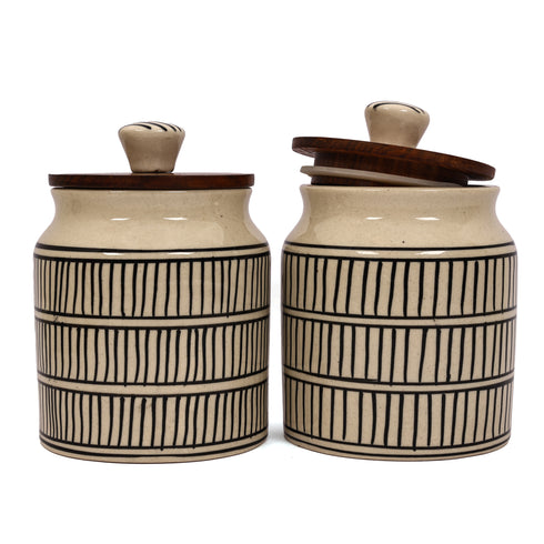 Ceramic Jar set with black horizontal and vertical lines pattern (Set of 2)