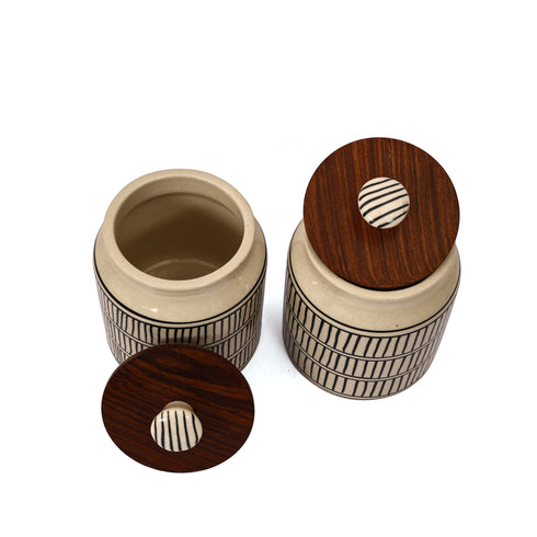Ceramic Jar set with black horizontal and vertical lines pattern (Set of 2)