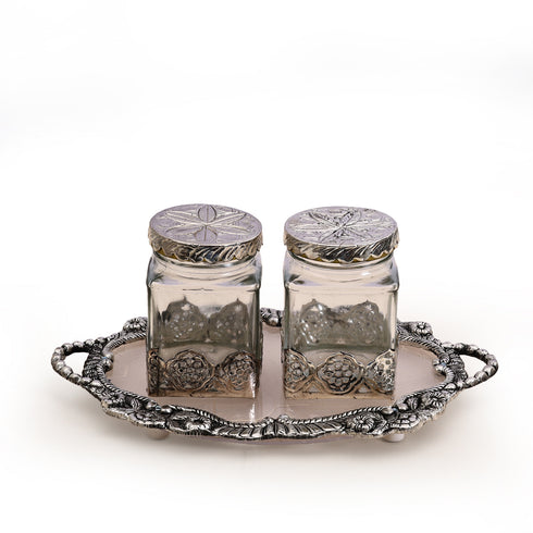 German silver Glass Jars set with decorative tray (2 Jars)
