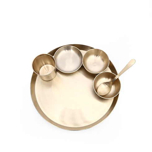 Handcrafted Pure Kansa 6-Piece Round Thali Set (1 round thali, 1 glass, 1 spoon, 2 round bowls and 1 flat bowl)