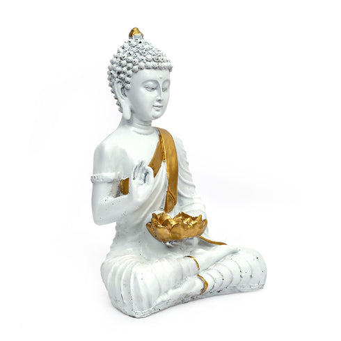 White Matte Finish Gold Detailing Buddha Statue - Seated in Abhay mudra - Ideal for Meditation and Home Décor