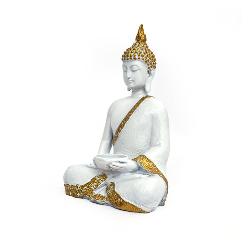 White Matte Buddha Statue with Alms Bowl - Spiritual Home Décor