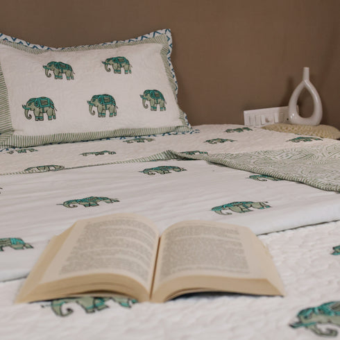 Hand Block Print Elephant Mulmul Cotton Double Bedcover and Pillow Cover Set