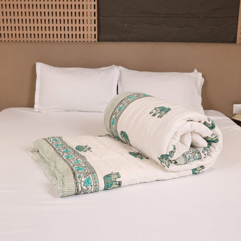 Traditional Elephant Mulmul Hand Block Print Cotton Double Bed Razai