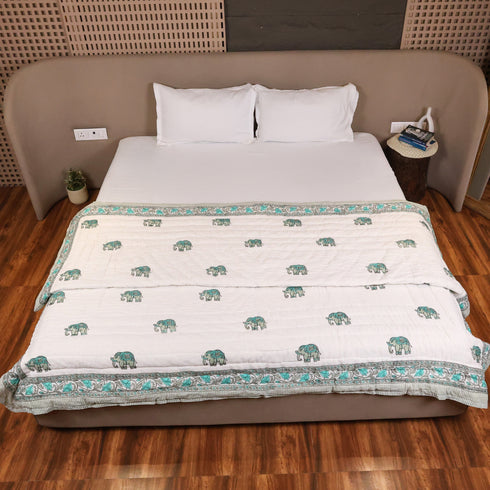 Traditional Elephant Mulmul Hand Block Print Cotton Double Bed Razai