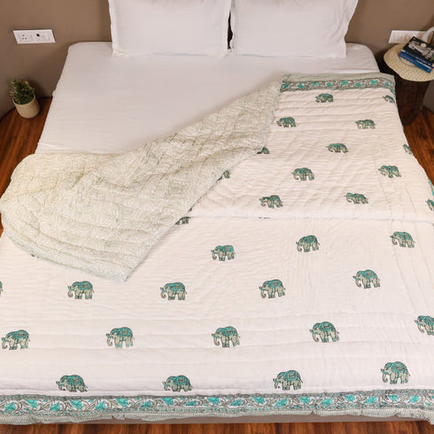 Traditional Elephant Mulmul Hand Block Print Cotton Double Bed Razai