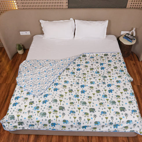 Traditional Elephant Folk Print Double Bed Dohar