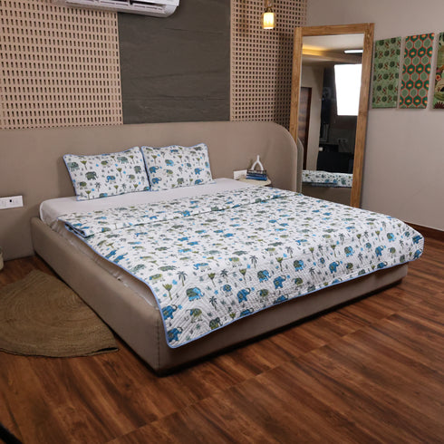Traditional Elephant Folk Print Double Bed Bedcover and Pillow Cover