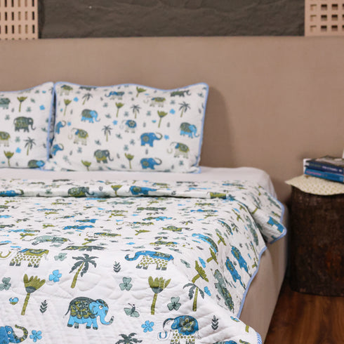 Traditional Elephant Folk Print Double Bed Bedcover and Pillow Cover