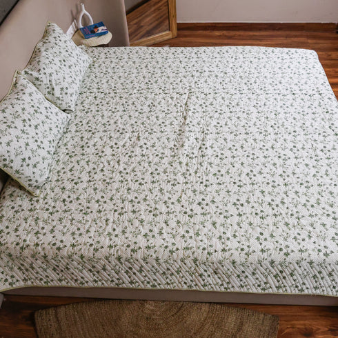 Sage Green Blossom Handcrafted Double Bed Bedcover and Pillow Cover Set