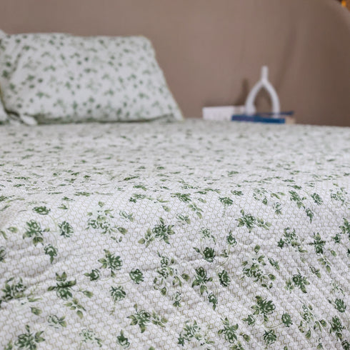 Sage Green Blossom Handcrafted Double Bed Bedcover and Pillow Cover Set