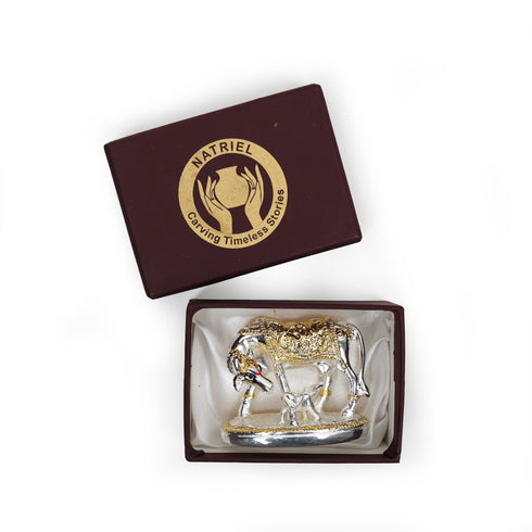 Small Sized Kamdhenu Cow and Calf - Silver-Coated and Golden Detailing - Spiritual and Home Decor
