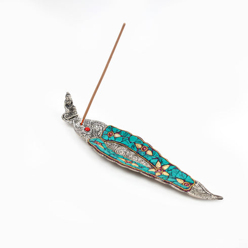 German Silver Stone Embellished Elephant Incense Stick Holder/Agarbatti Stand