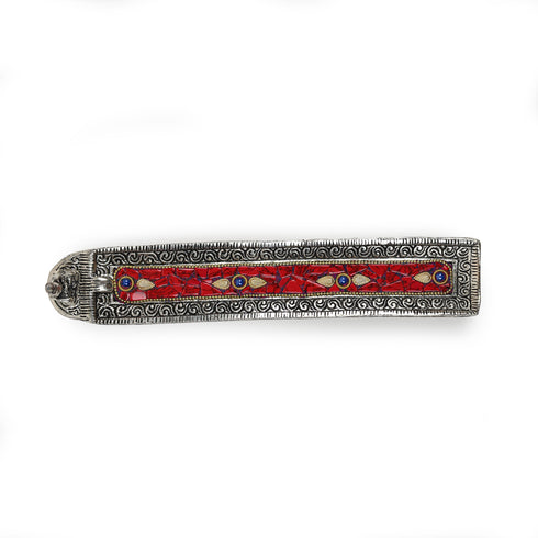 German Silver Buddha Inspired Red Stone Embellished Incense Stick Holder