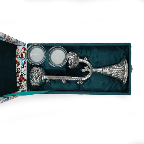 Artisan Crafted German Silver Twin Candle Stand – Premium Velvet Gifting Box