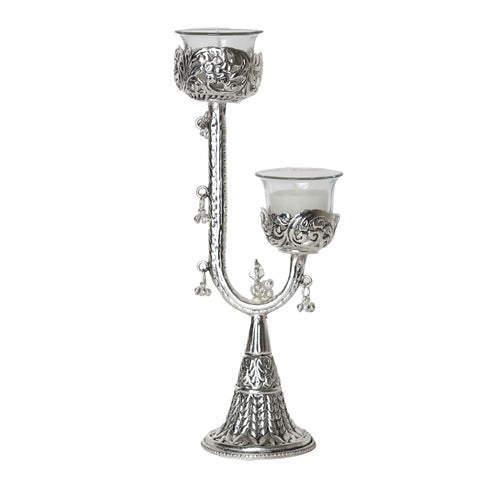 Artisan Crafted German Silver Twin Candle Stand – Premium Velvet Gifting Box