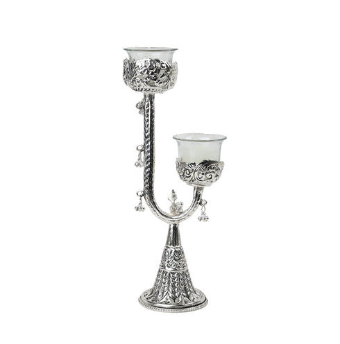 Artisan Crafted German Silver Twin Candle Stand – Premium Velvet Gifting Box