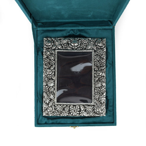 German Silver Floral Engraved Decorative Photo Frame - Premium Velvet Gifting Box