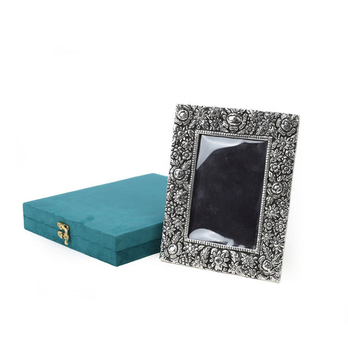 German Silver Floral Engraved Decorative Photo Frame - Premium Velvet Gifting Box
