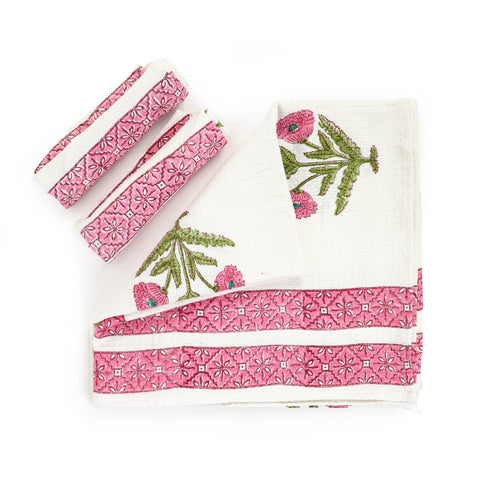 Pink Floral Pattern Waffle Weave Bath and Hand Towel - Hand Block Print