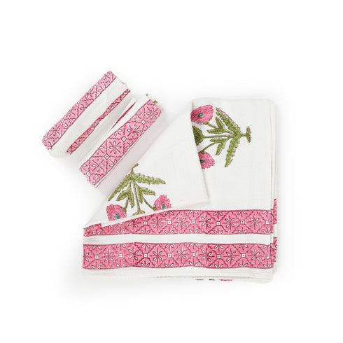 Pink Floral Pattern Waffle Weave Bath and Hand Towel - Hand Block Print