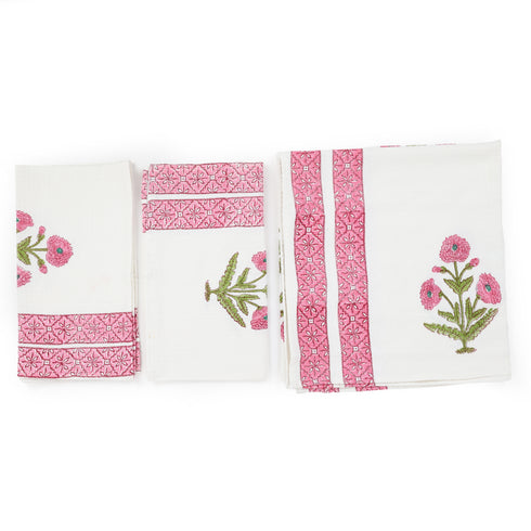 Pink Floral Pattern Waffle Weave Bath and Hand Towel - Hand Block Print