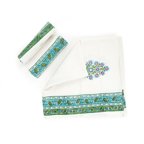 Blue Floral & Vine Pattern Waffle Weave Bath and Hand Towel - Hand Block Print