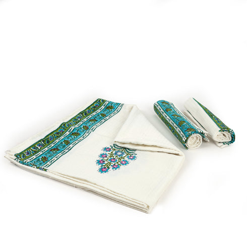 Blue Floral & Vine Pattern Waffle Weave Bath and Hand Towel - Hand Block Print