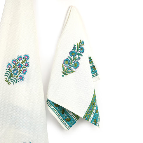 Blue Floral & Vine Pattern Waffle Weave Bath and Hand Towel - Hand Block Print