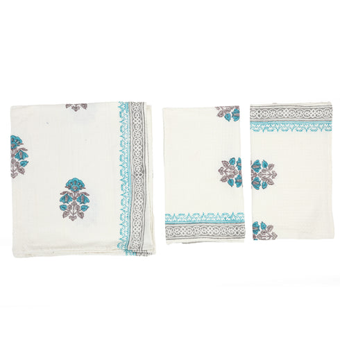 Blue Blossom Waffle Bath & Hand Towel - Hand Block Print