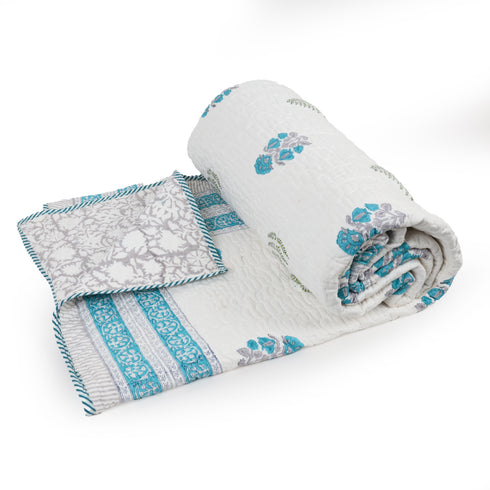 Azure Blue Floral Quilted Bed Cover and Pillow Cover – Hand Block Print