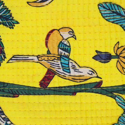 Vibrant Yellow Quilted Tropical Bird Moon Shaped Sling Bag – Hand Block Print
