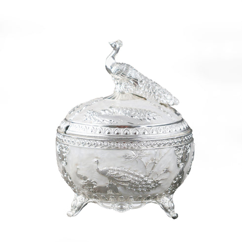 Pearl White Decorative Peacock Serving Bowl with Matching Spoon – German Silver Item