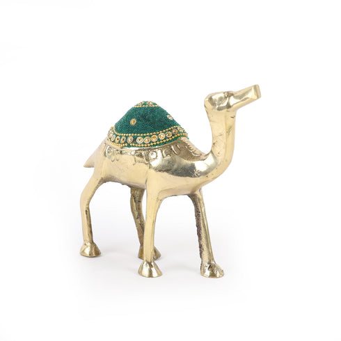 Handcrafted Brass Camel Figurine with Green Stone Embellishment